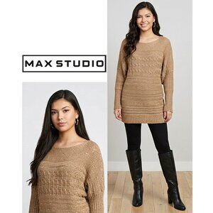 MAX STUDIO - Tan cable knit tunic sweater with metallic threading